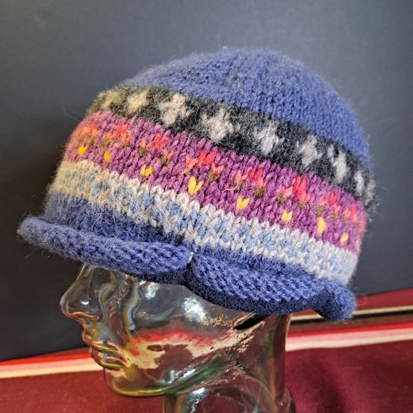 Everest Designs Beanie Adult Nepal Geometric Blue Fleece Lined Wool Knit Hat - Picture 1 of 7